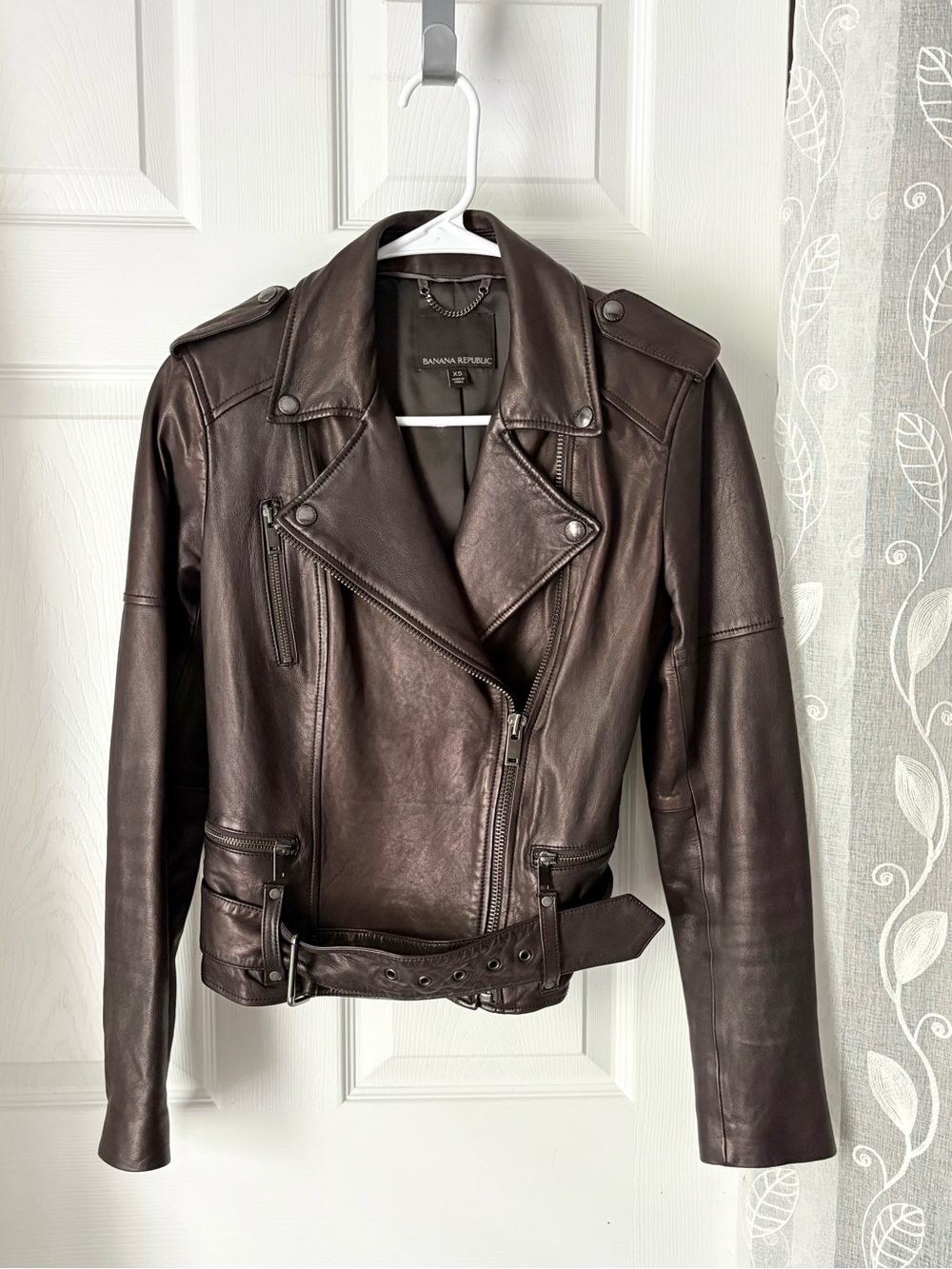 Banana Republic genuine leather moto jacket asymmetrical zip up belted sz XS